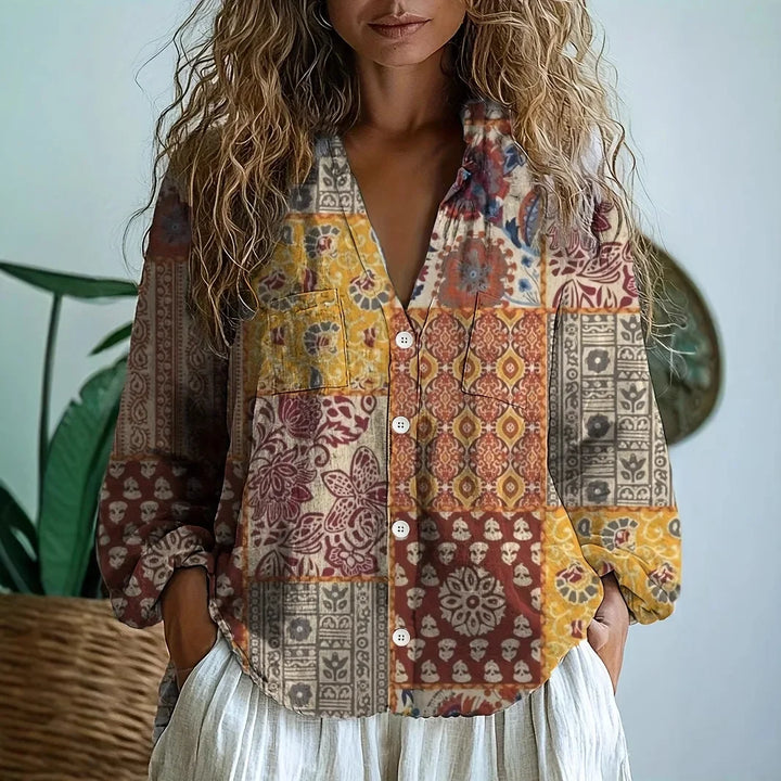 Sanne | Women's Elegant Nature Print Split V-Neck Blouse