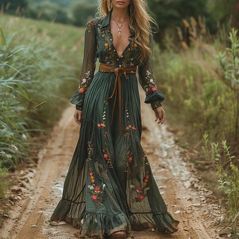 Isla | Women's Embroidered Bohemian V-Neck Maxi Dress