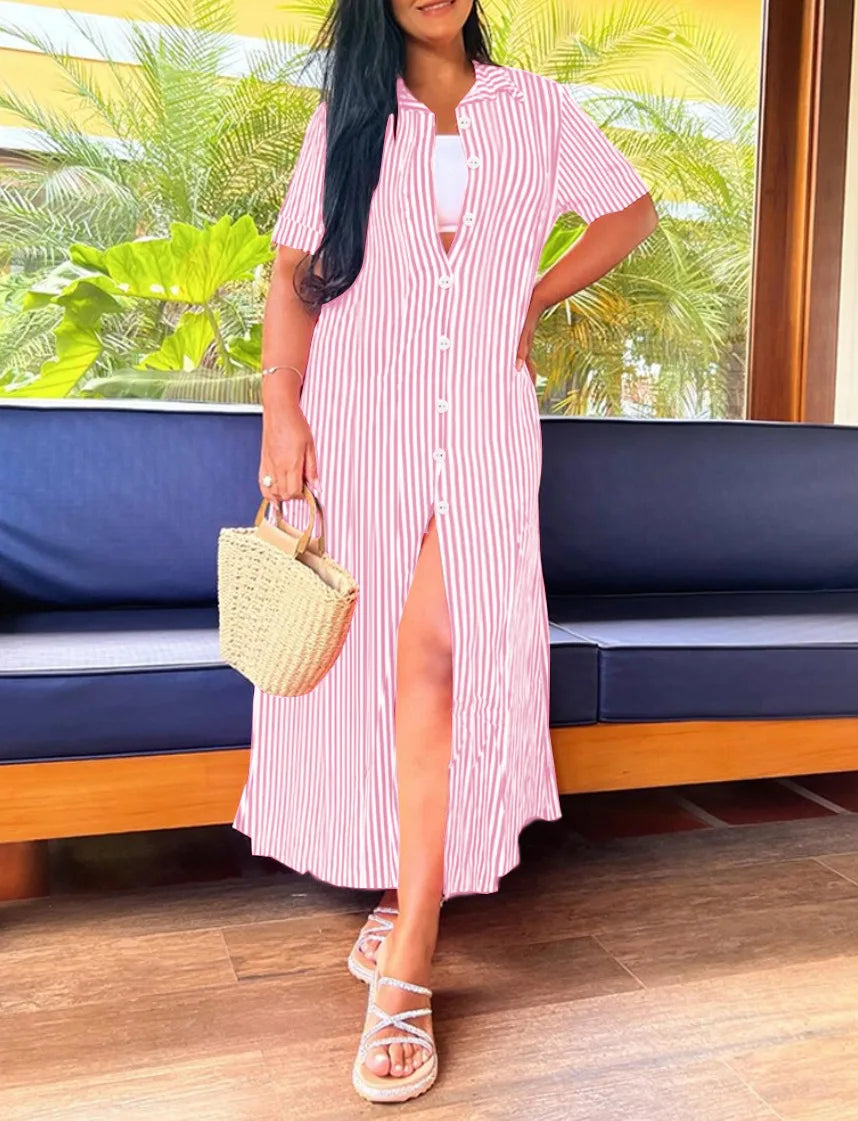 Priya | Women’s Button Front Stripe Maxi Shirt Dress