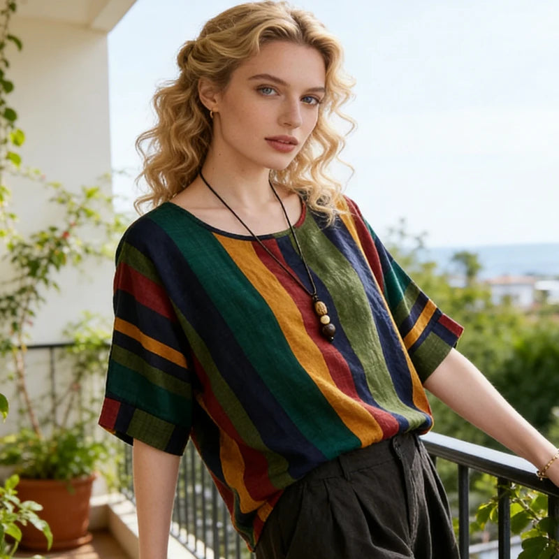 Mette | Women's Colourblock Striped Batwing Sleeve Top