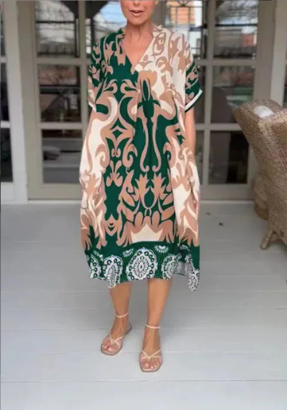Elara | Women's Printed V-Neck Midi Dress Casual