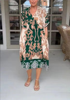 Elara | Women's Printed V-Neck Midi Dress Casual