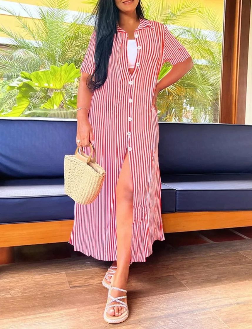 Priya | Women’s Button Front Stripe Maxi Shirt Dress