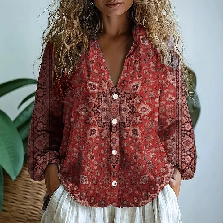 Sanne | Women's Elegant Nature Print Split V-Neck Blouse