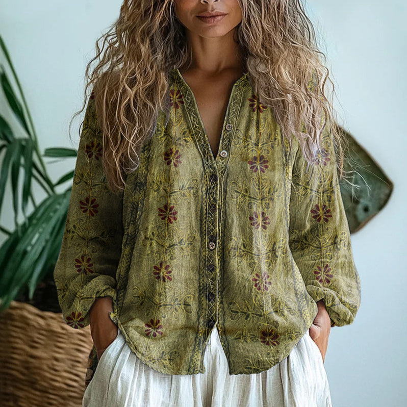 Sanne | Women's Elegant Nature Print Split V-Neck Blouse