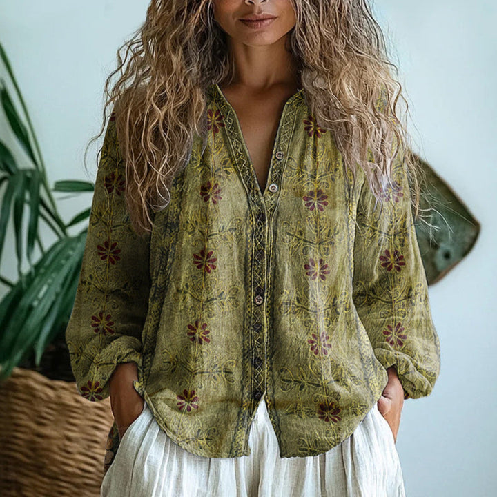 Sanne | Women's Elegant Nature Print Split V-Neck Blouse