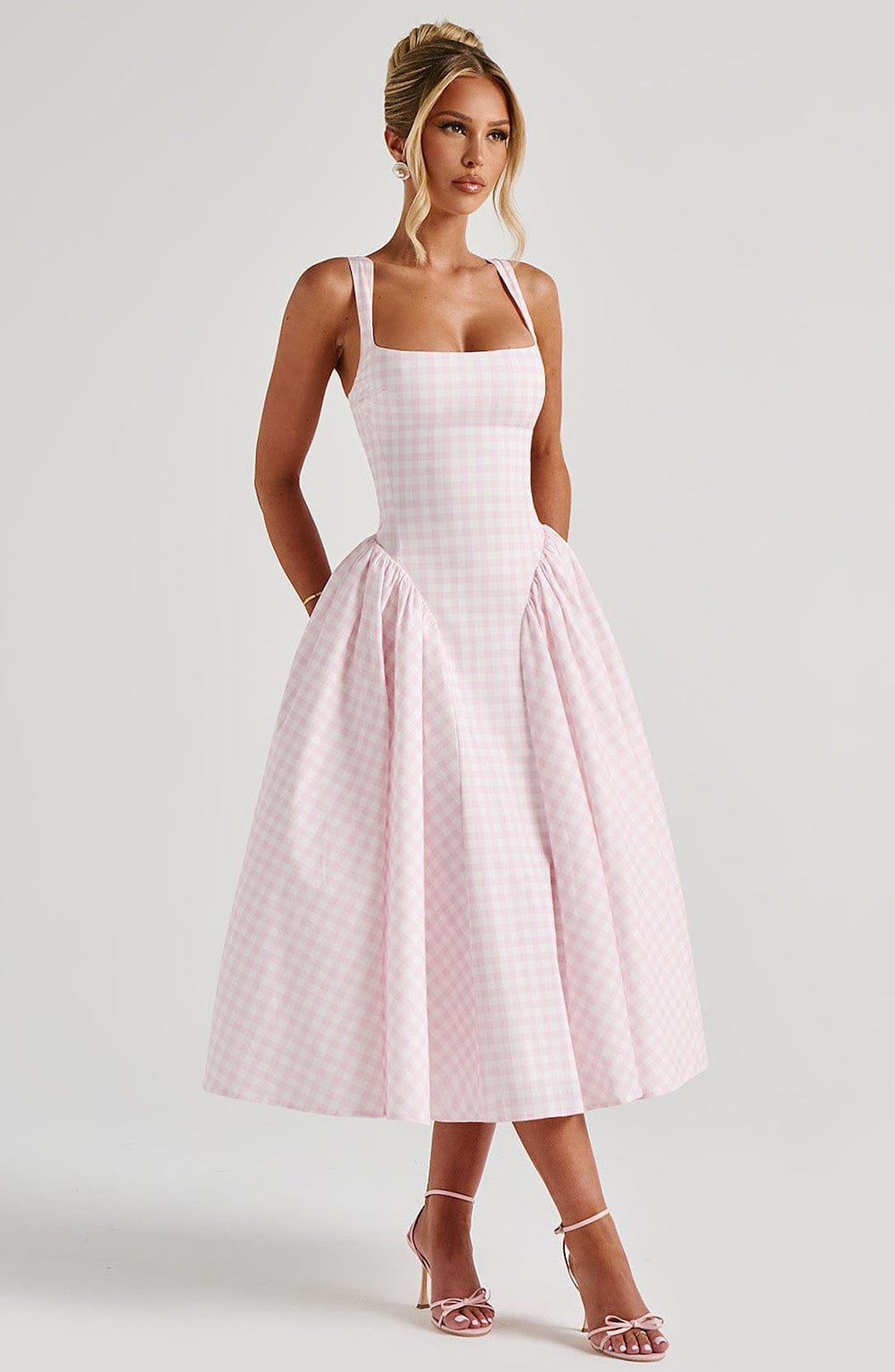 Sienna | Women's Gingham Midi Dress Fitted Bodice Casual