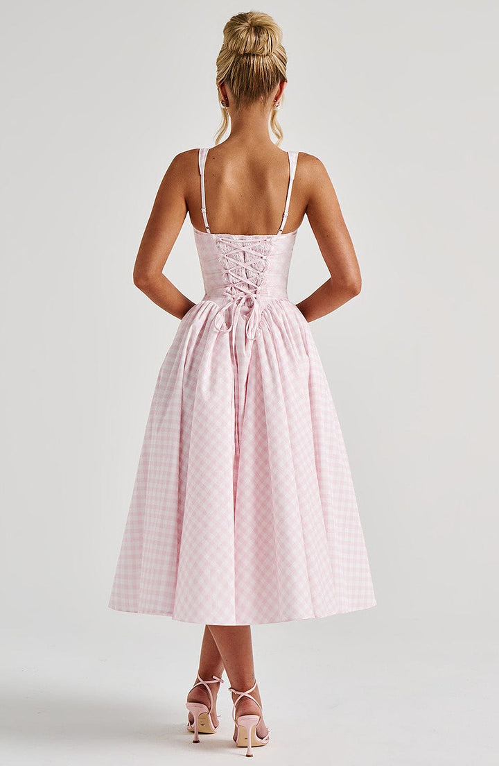 Sienna | Women's Gingham Midi Dress Fitted Bodice Casual