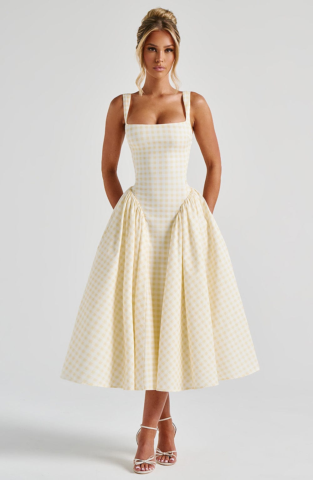 Sienna | Women's Gingham Midi Dress Fitted Bodice Casual