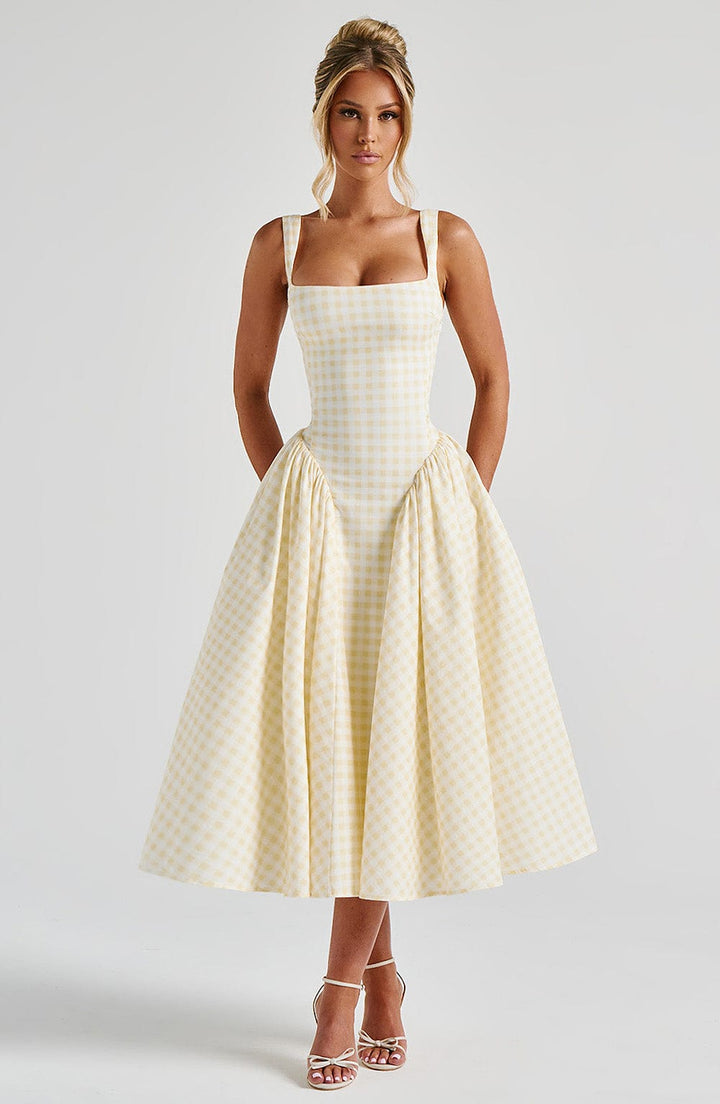 Sienna | Women's Gingham Midi Dress Fitted Bodice Casual