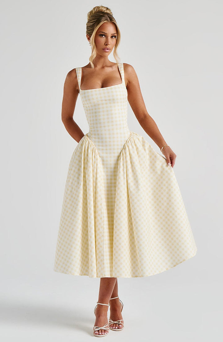 Sienna | Women's Gingham Midi Dress Fitted Bodice Casual