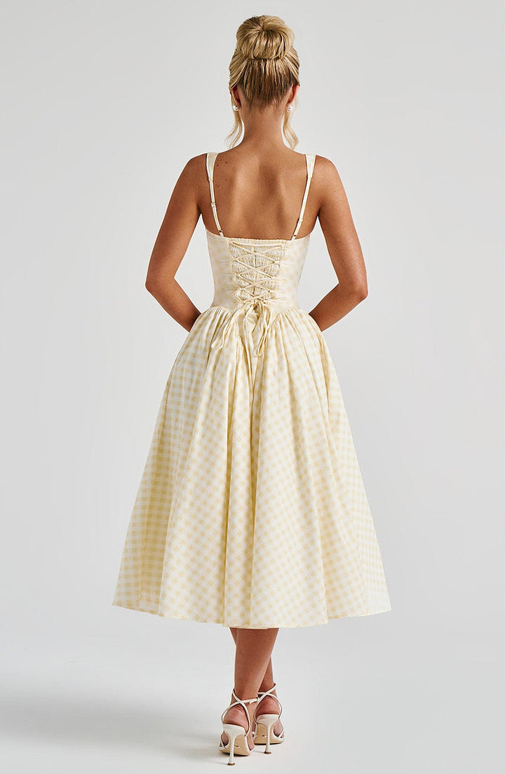 Sienna | Women's Gingham Midi Dress Fitted Bodice Casual