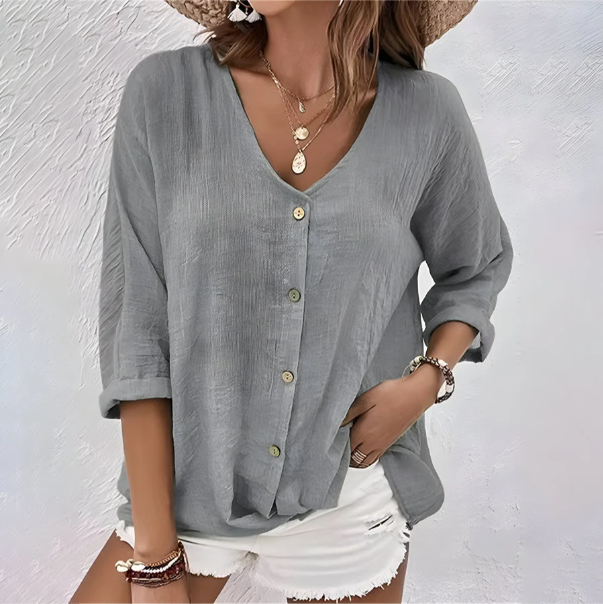 Aila | Women’s Button Front V-Neck Rolled Sleeve Blouse