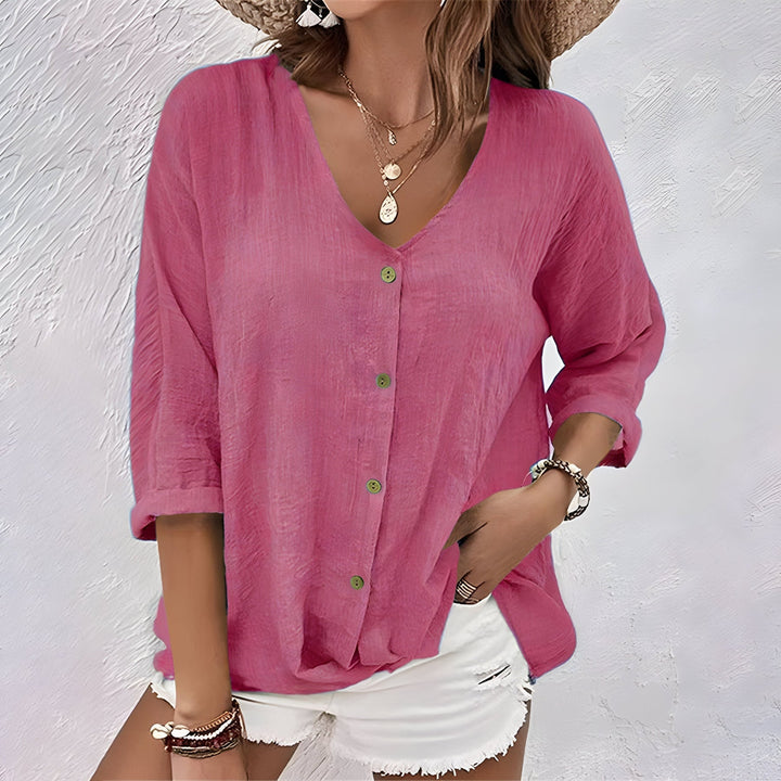 Aila | Women’s Button Front V-Neck Rolled Sleeve Blouse