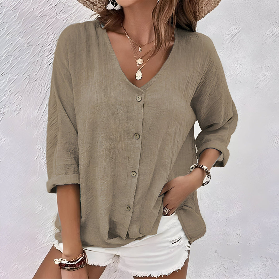 Aila | Women’s Button Front V-Neck Rolled Sleeve Blouse