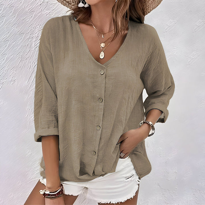 Aila | Women’s Button Front V-Neck Rolled Sleeve Blouse