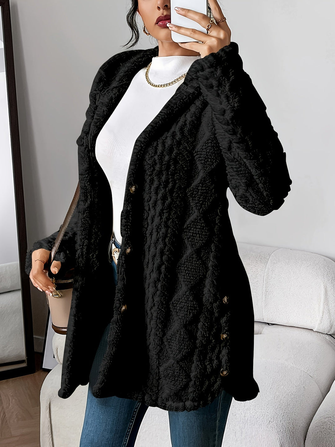 Paula™ - Plush Diamond-Patterned Hooded Cardigan