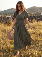 Elara | Women's V-Neck Smocked Waist Midi Dress