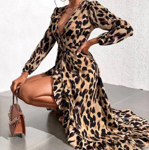 Sienna | Women's Leopard Print A-Line Midi Dress Elegant Casual