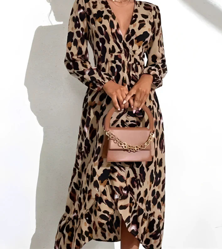 Sienna | Women's Leopard Print A-Line Midi Dress Elegant Casual