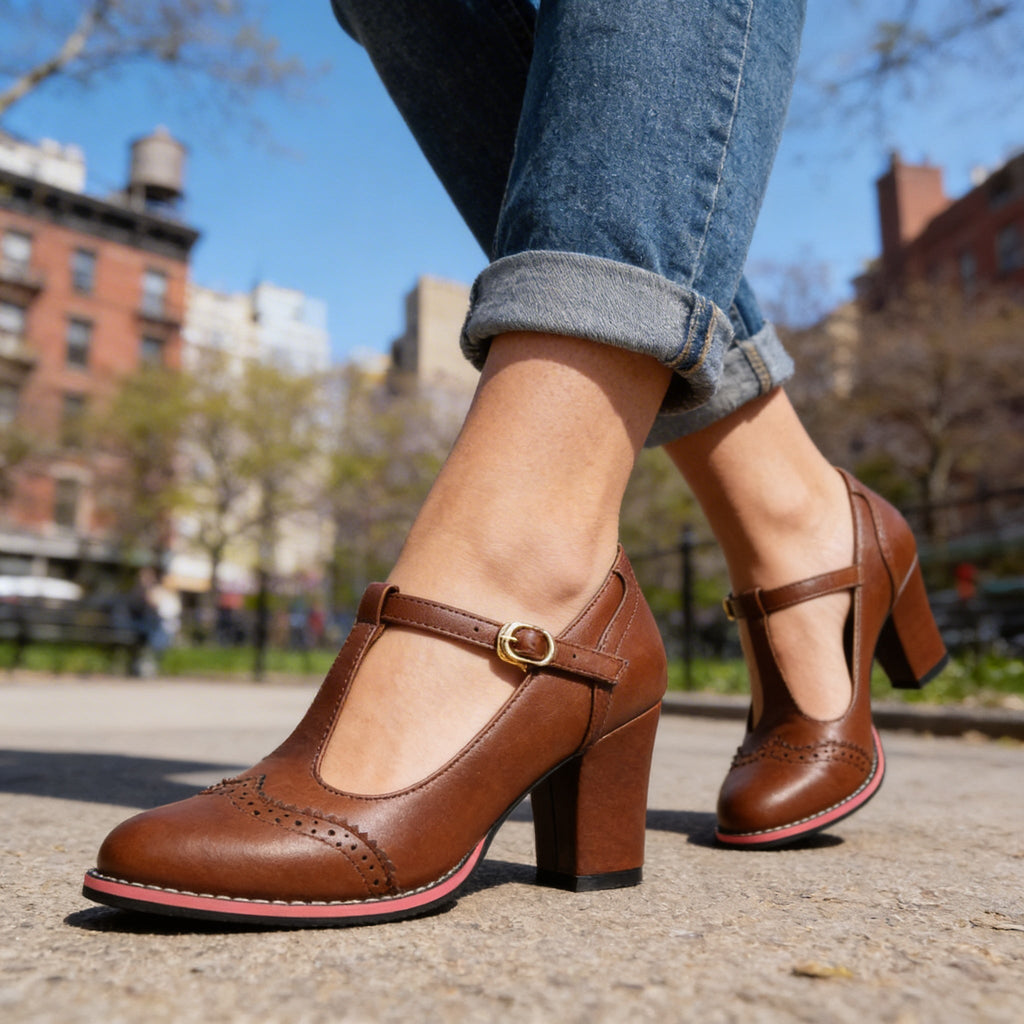 Esme | Women's T-Strap Mary Jane Brogue Heels