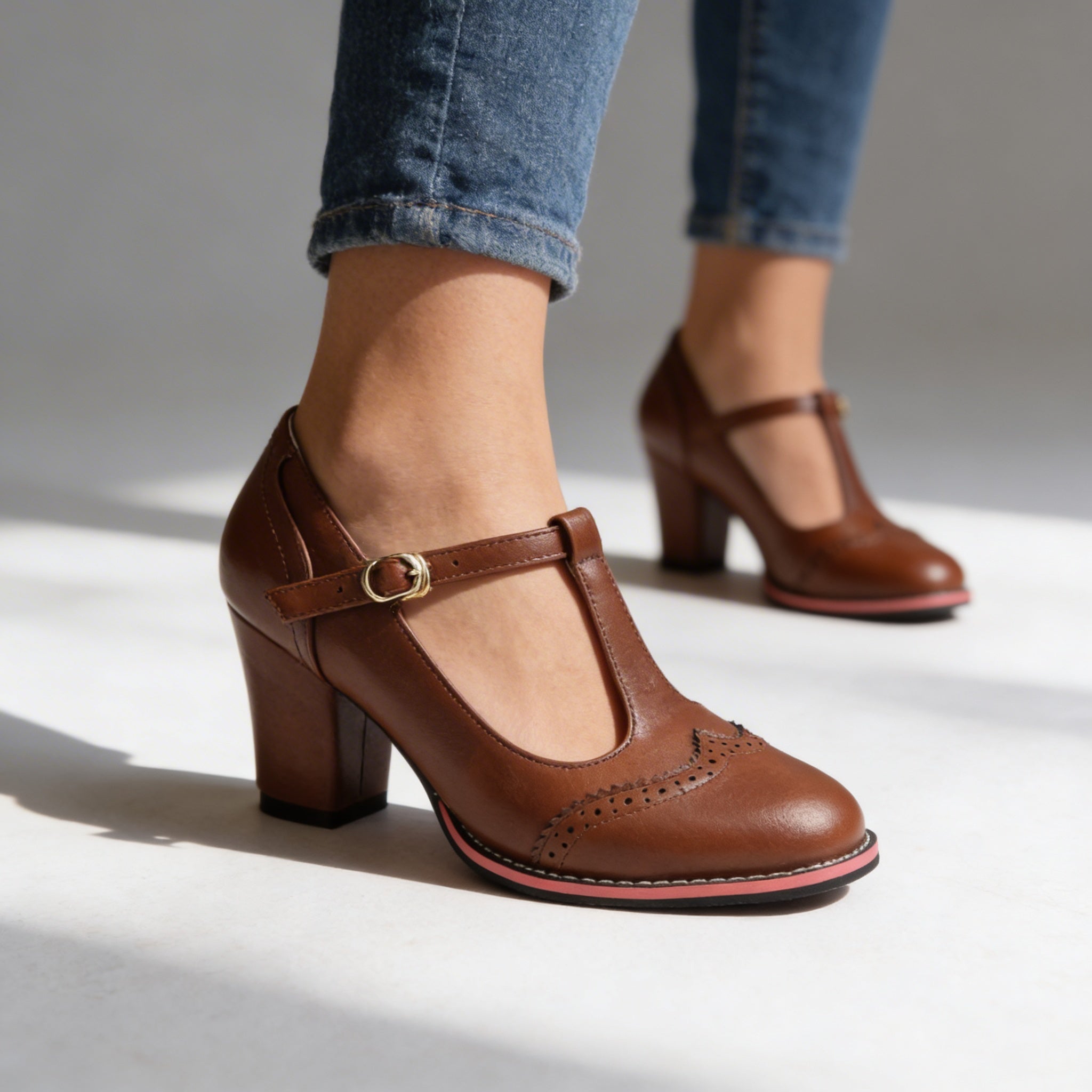 Esme | Women's T-Strap Mary Jane Brogue Heels