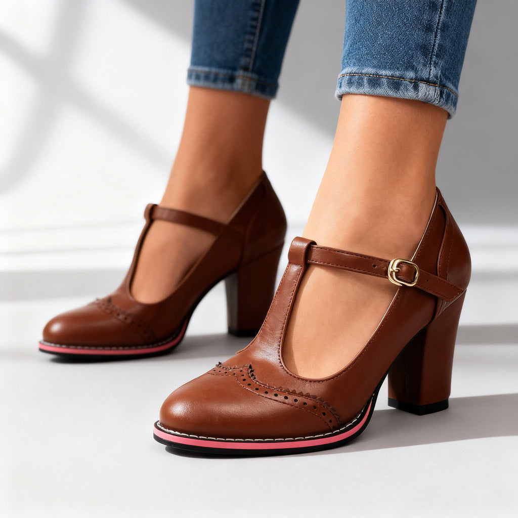 Esme | Women's T-Strap Mary Jane Brogue Heels