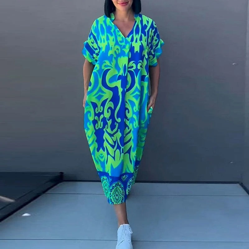 Elara | Women's Printed V-Neck Midi Dress Casual